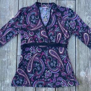 Sajie Couture 90s Whimsigoth Purple & Black Paisley Print 3/4 Sleeve Top